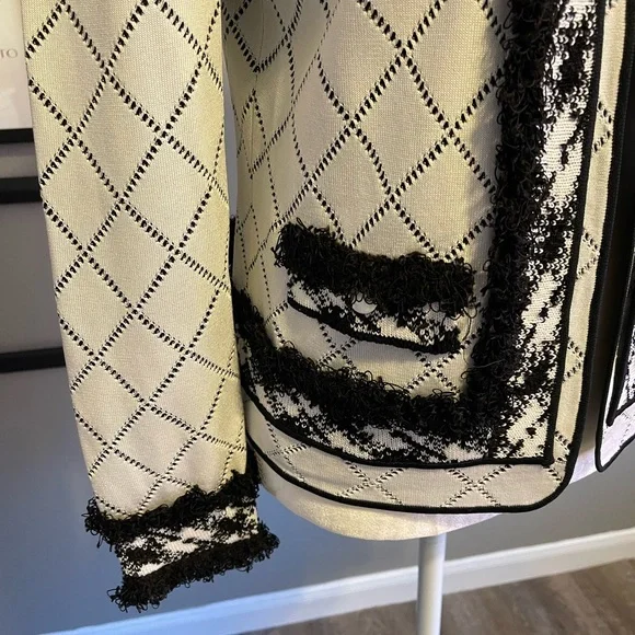 Ming Wang Black and White Diamond Patterned Fringe Jacket S - Picture 4 of 10